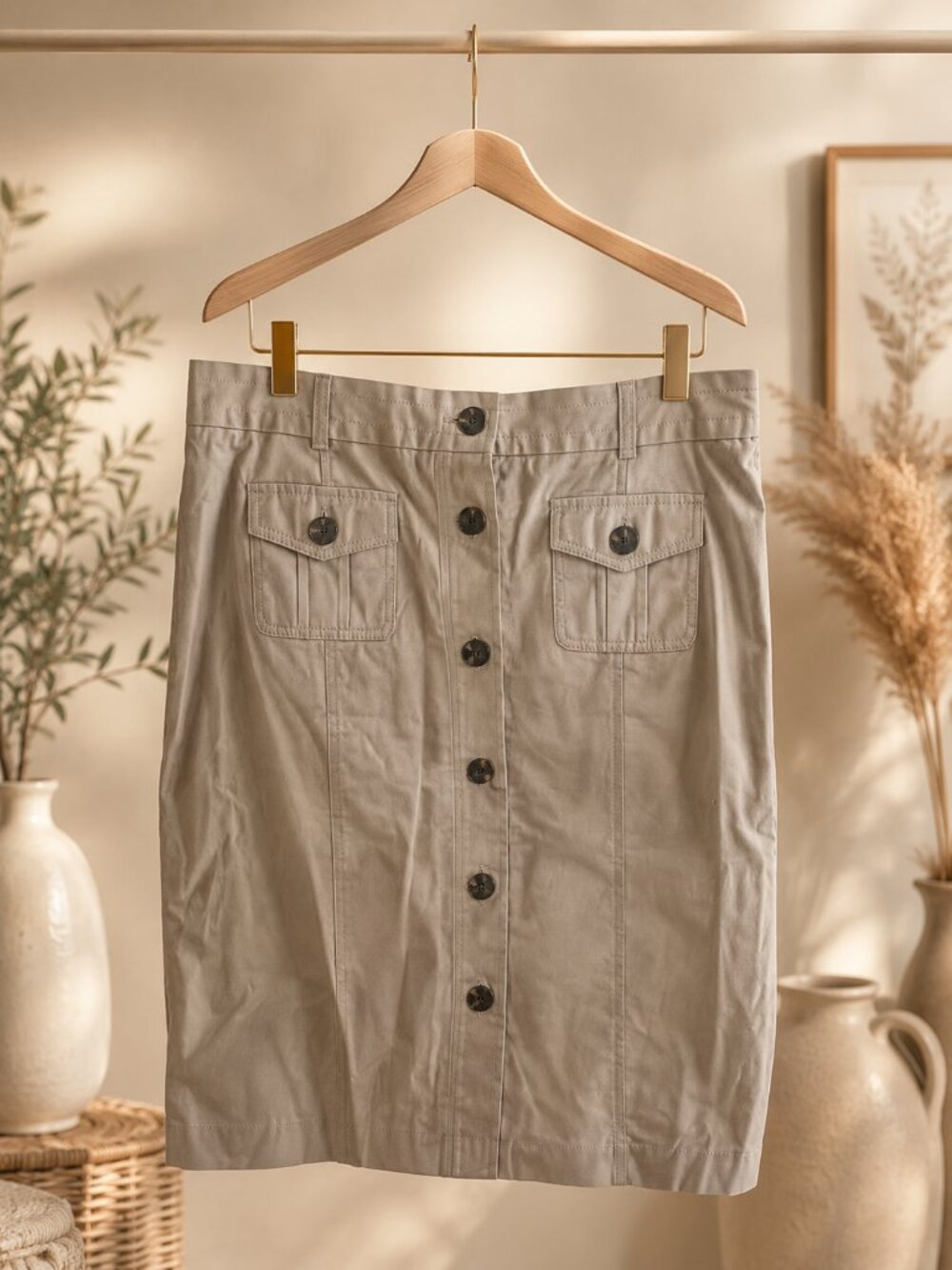 Talbots Petites Khaki Button Front Utility Pencil Skirt Stretch Size 12P